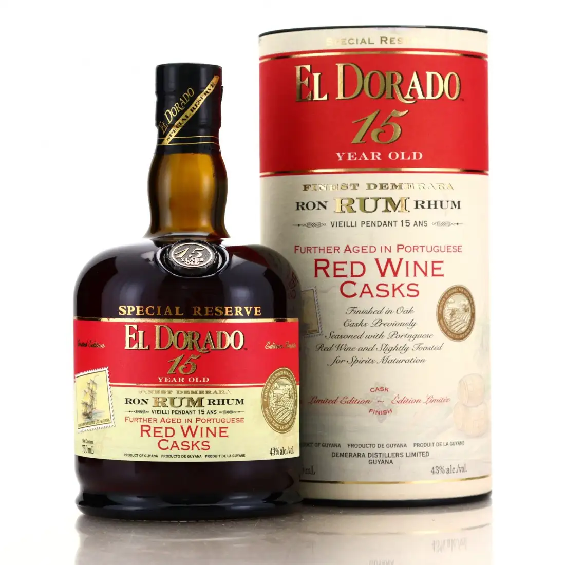 Image of the front of the bottle of the rum El Dorado Red Wine Casks Finish