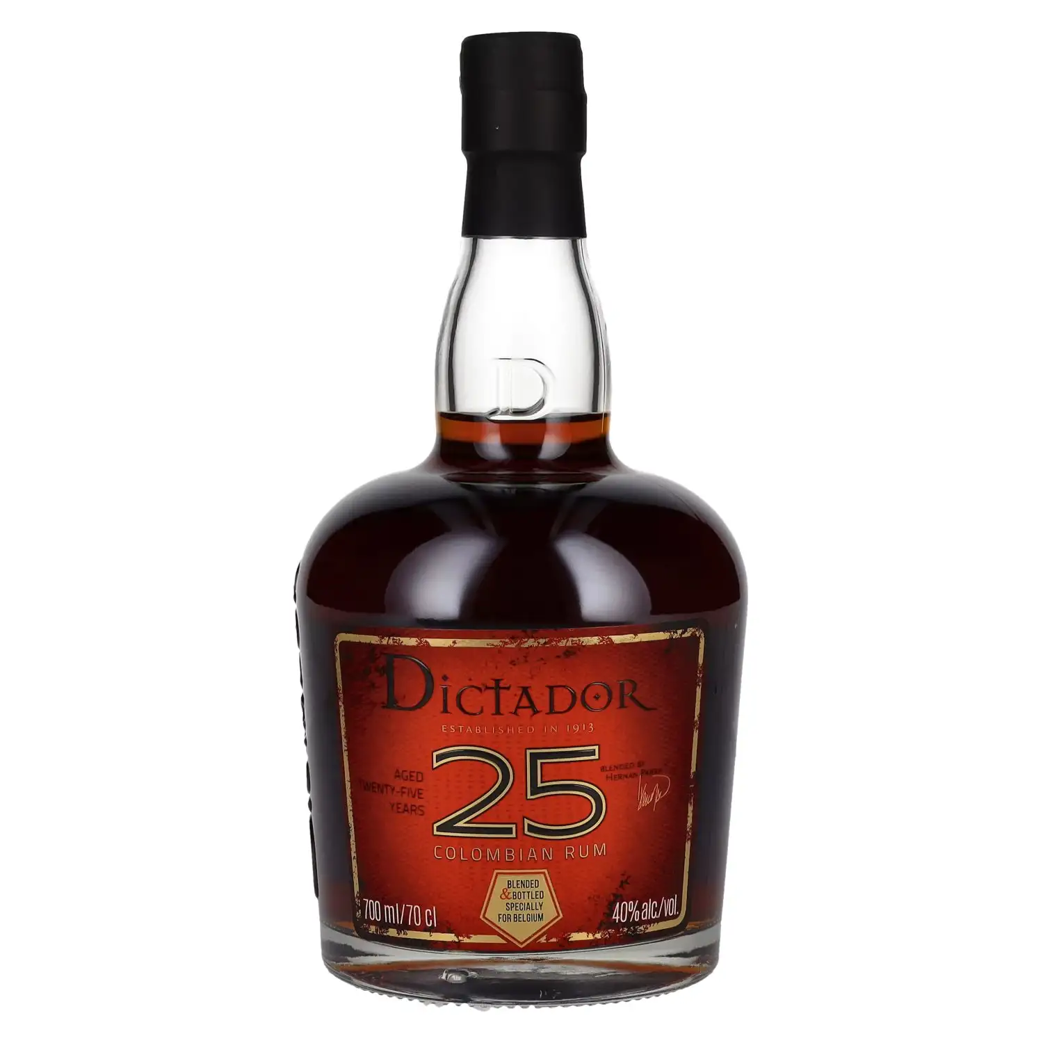Image of the front of the bottle of the rum Dictador 25 Colombian Rum