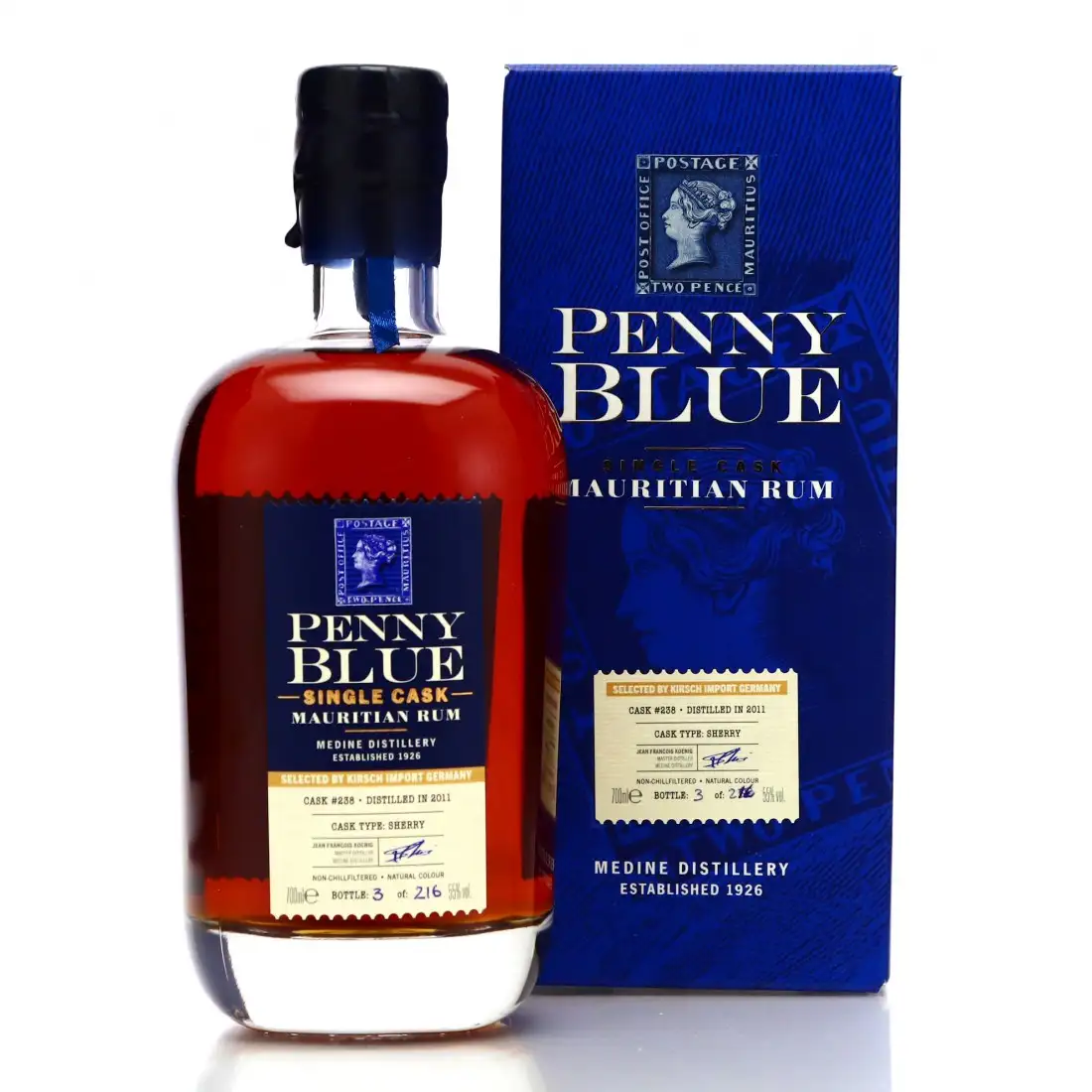 Image of the front of the bottle of the rum Penny Blue Single Cask (Kirsch Import Germany)