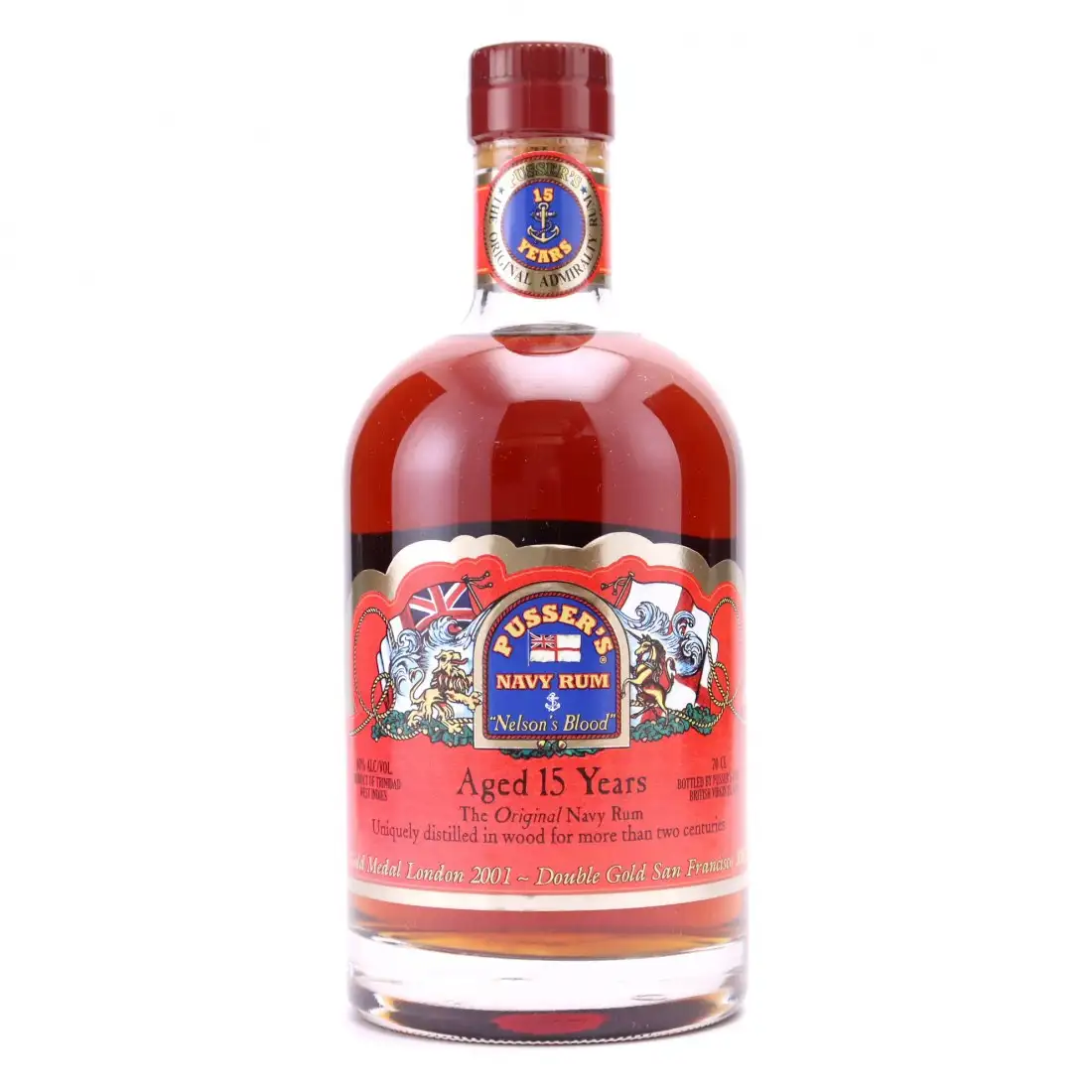 Image of the front of the bottle of the rum „Nelson‘s Blood“ Aged 15 Years Navy Rum