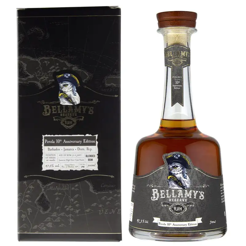 Image of the front of the bottle of the rum Bellamy‘s Reserve High Ester Cask Finish 10th Anniversary Edition